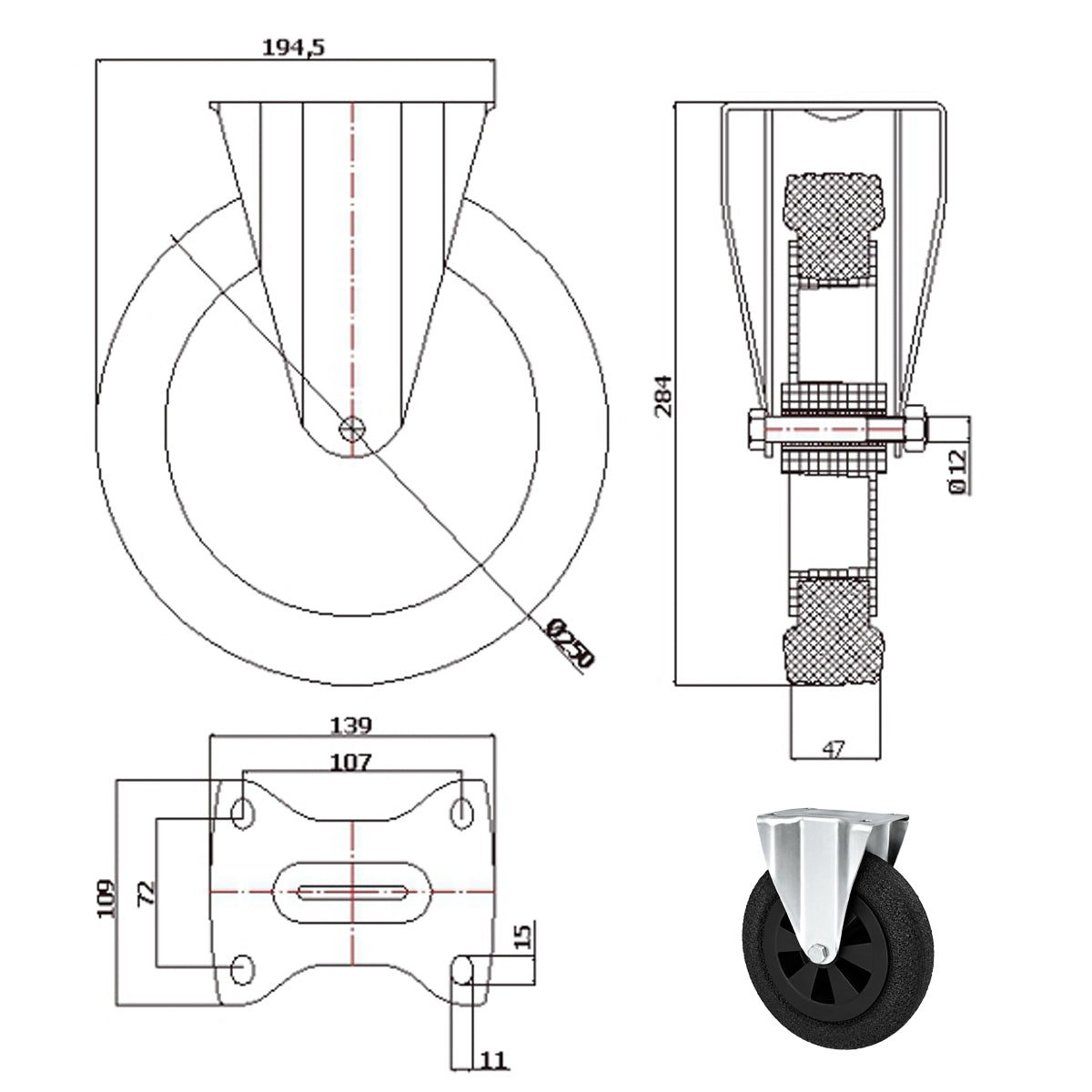 Kunststoff-Gummiräder in Bockrollengehäusen Lenkrolle Ø250 mm mit Platte Code: 93T