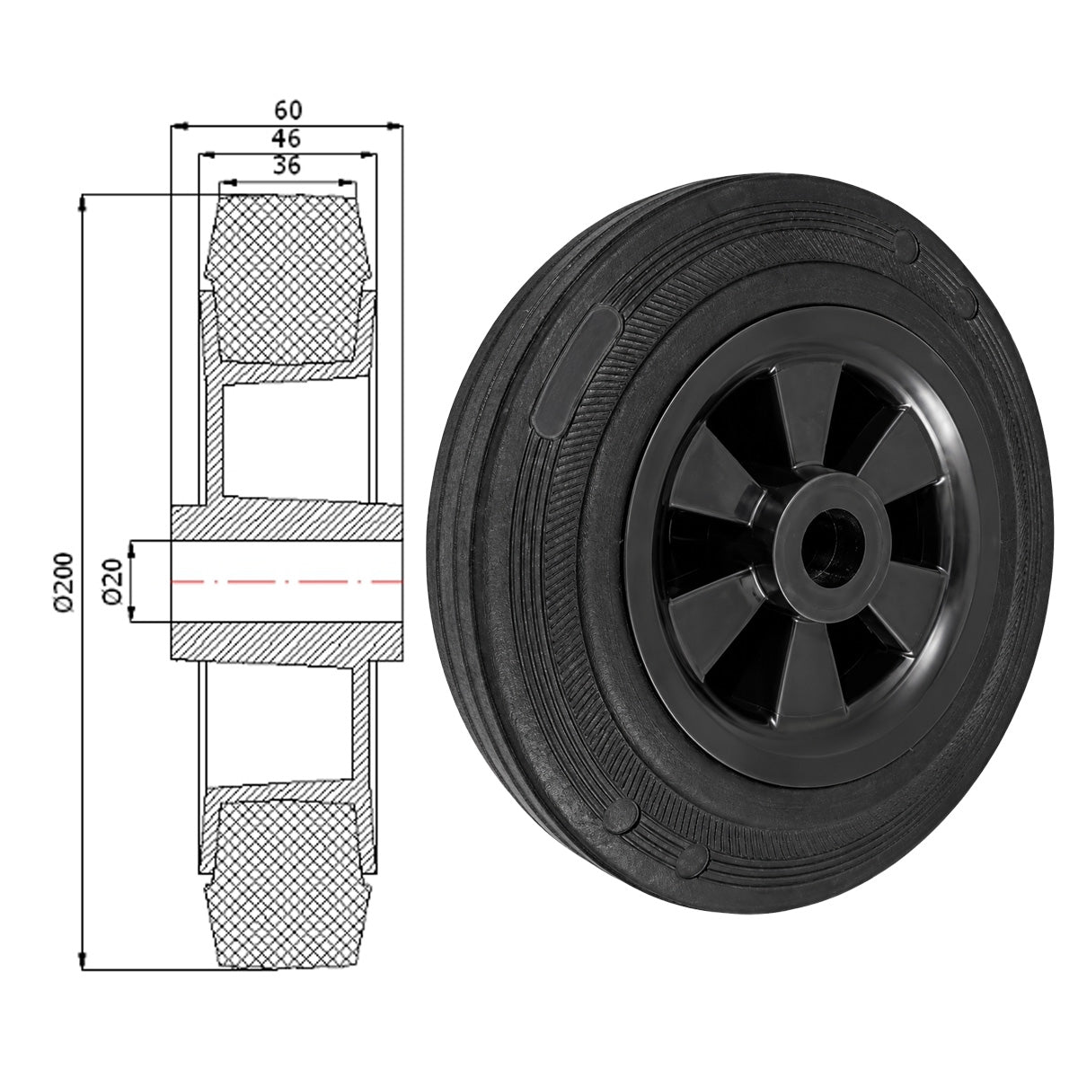 Vollgummi Rad Ø 200 mm mit Polypropylen-Felge Industrie Gummirad Code: 69T