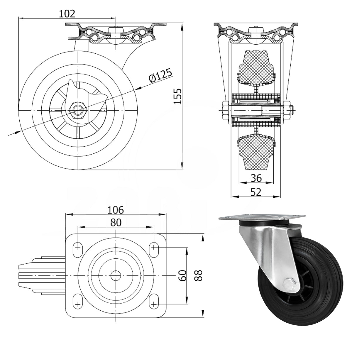 Kunststoff-Gummirrad mit Anschraubplatte Lenkrolle Ø125 mm mit Platte Code: 22MT