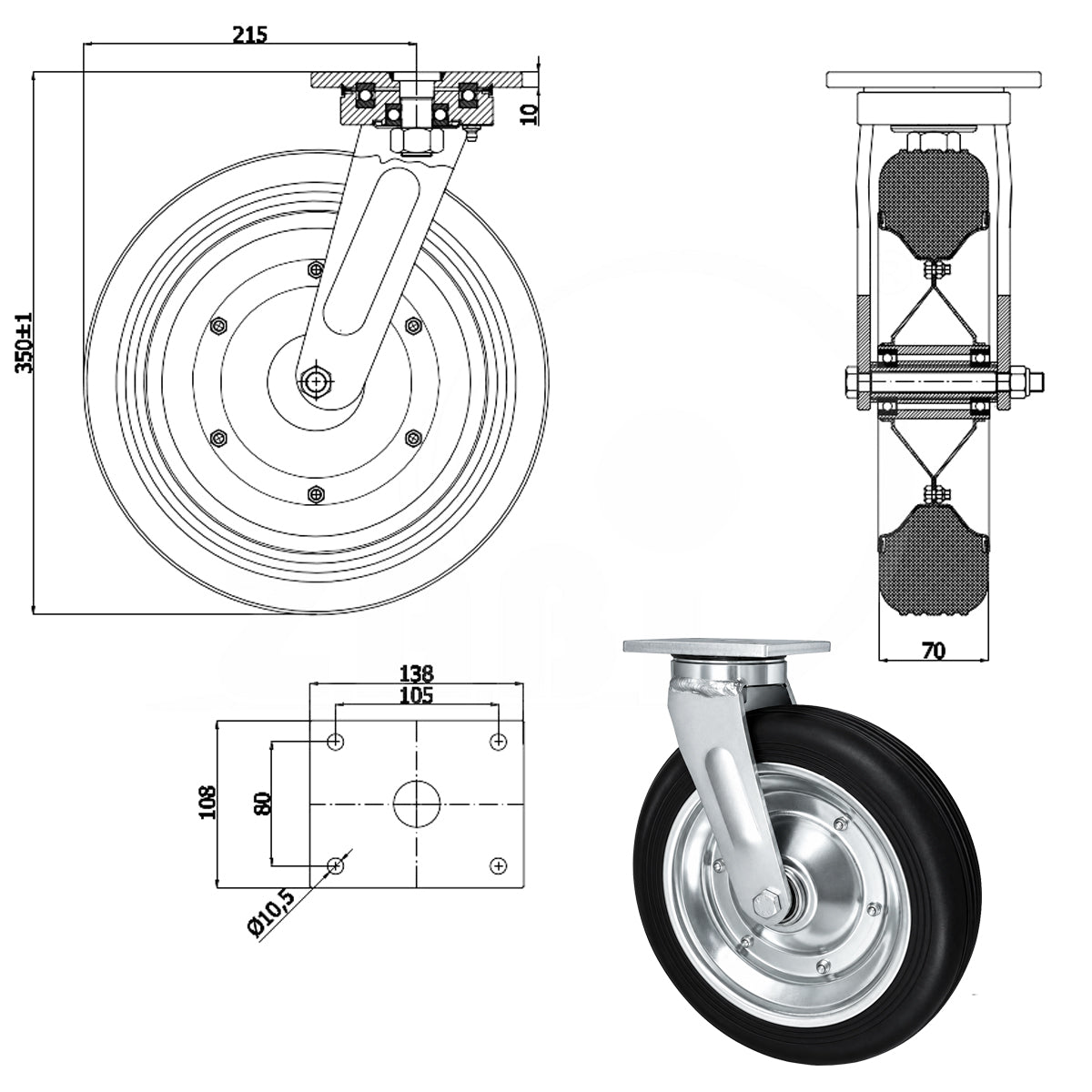 Metall-Gummiräder mit Befestigungsplatte Lenkrolle Ø300 mm mit Platte Code: 1002LD