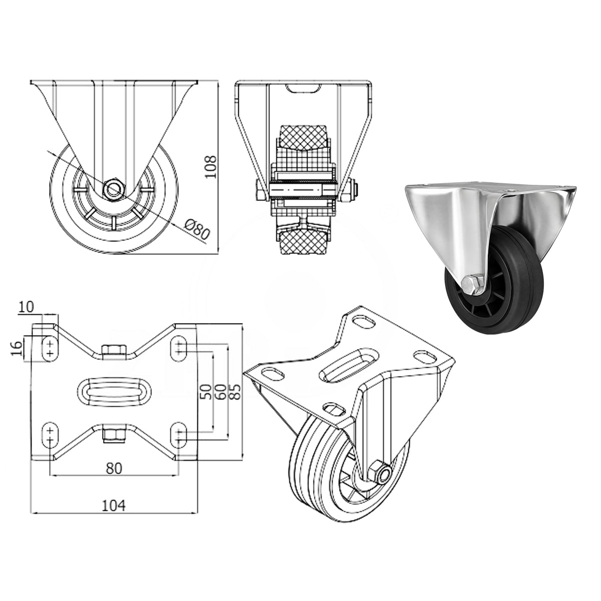 Kunststoff-Gummiräder in Bockrollengehäusen Lenkrolle Ø80 mm mit Platte Code: 4T9