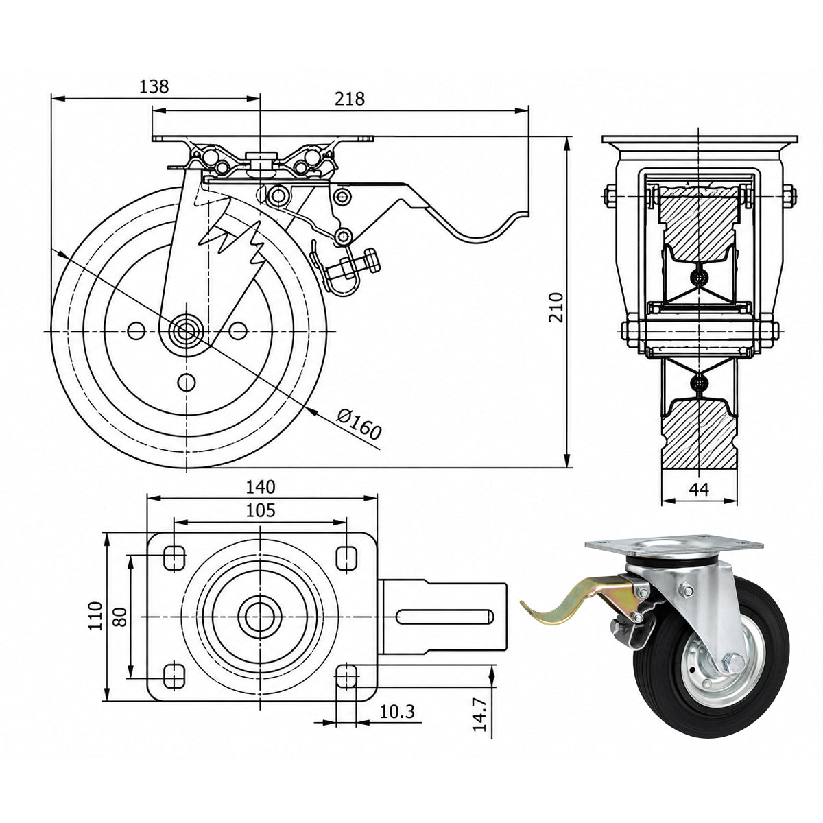 Metall-Gummiräder mit Befestigungsplatte und Bremse Lenkrolle Ø180 mm Code: 55H