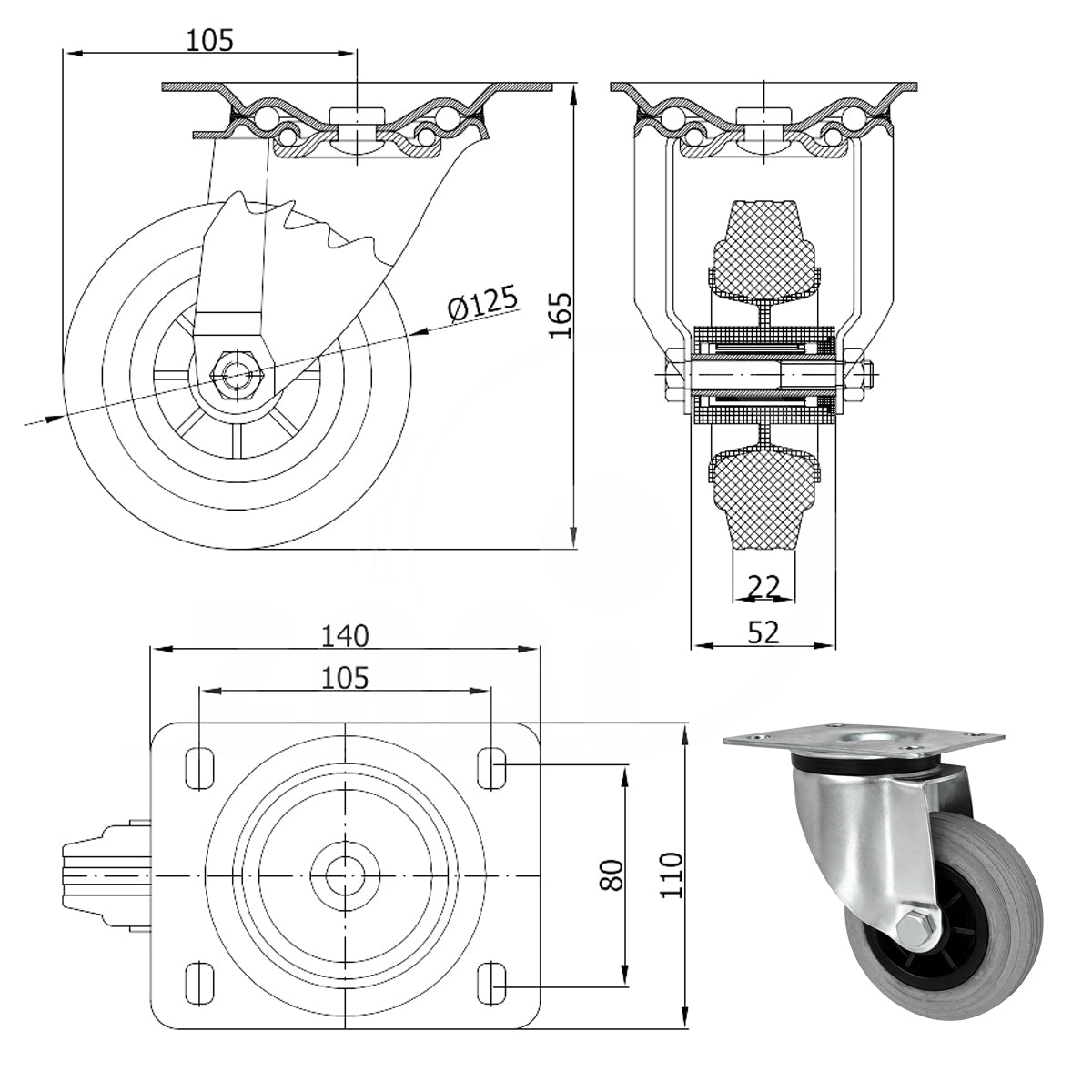 Kunststoff-Gummirrad mit Anschraubplatte Lenkrolle Ø125 mm mit Platte Code: 22TS
