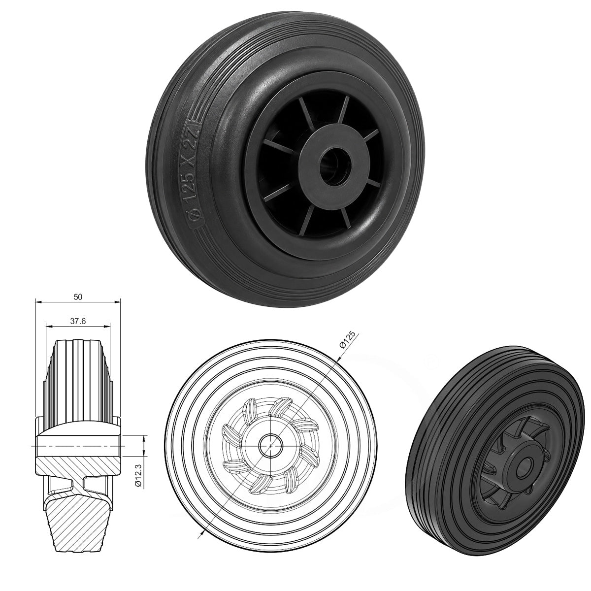 Vollgummi Rad Ø 125 mm mit Polypropylen-Felge Industrie Gummirad Code: 29T