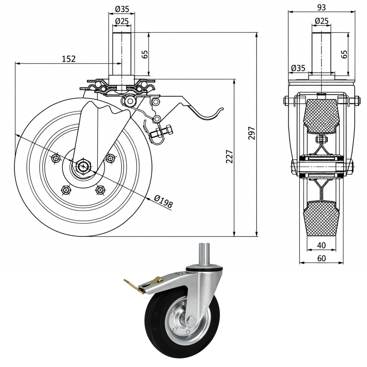 Metall-Gummiräder mit Befestigungsstift und Bremse Lenkrollen  Ø200 mm Code: 66NH*25