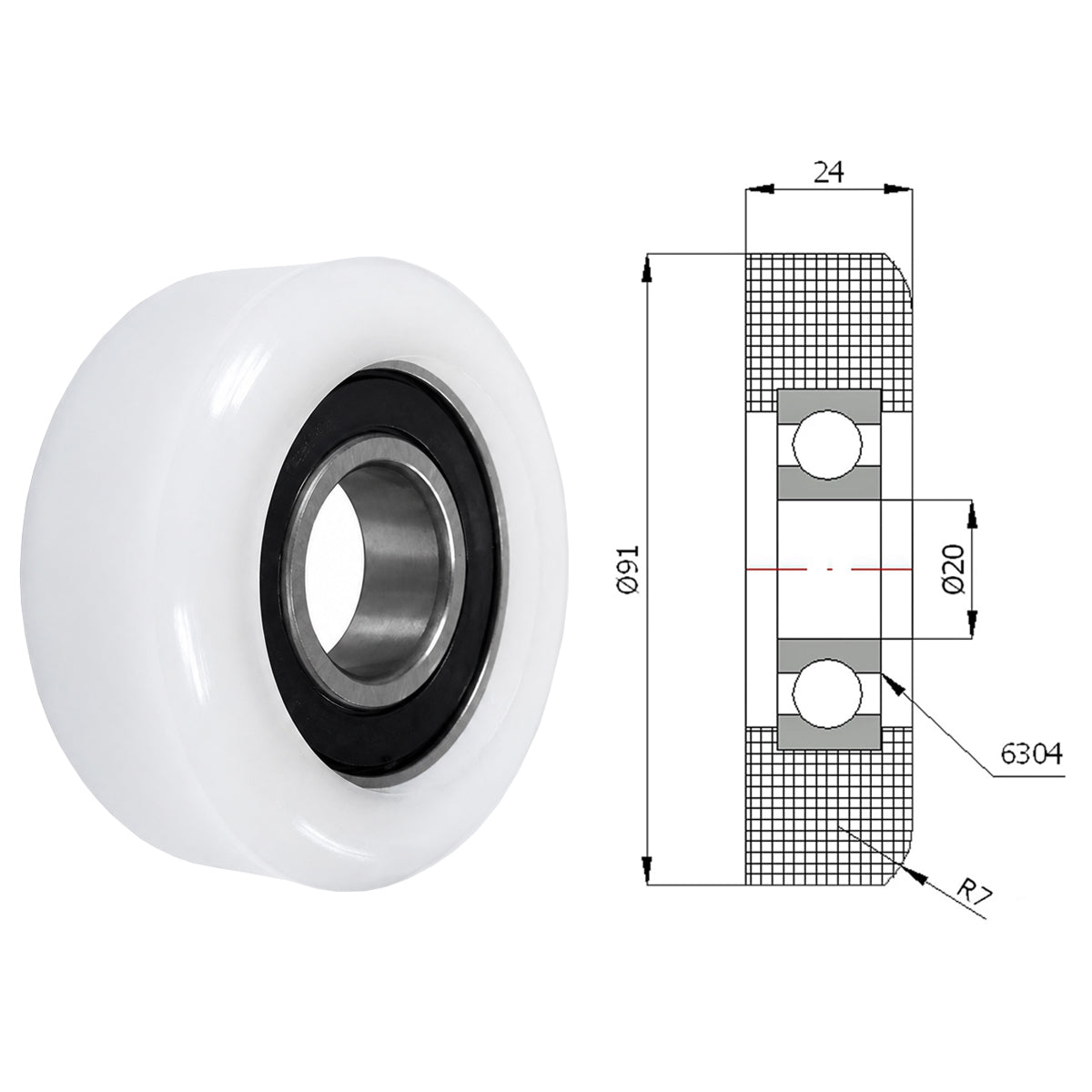 Polyamid Rolle Ø 91 mm mit Kugellager Kunststoffrolle Industrierollen R-91/20