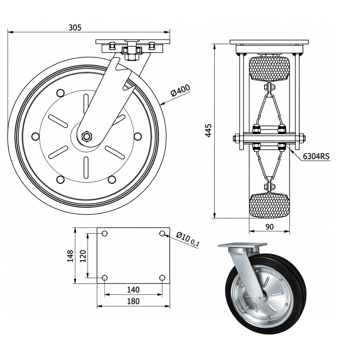 Metall-Gummiräder mit Befestigungsplatte Lenkrolle Ø400 mm mit Platte Code: 4002LD