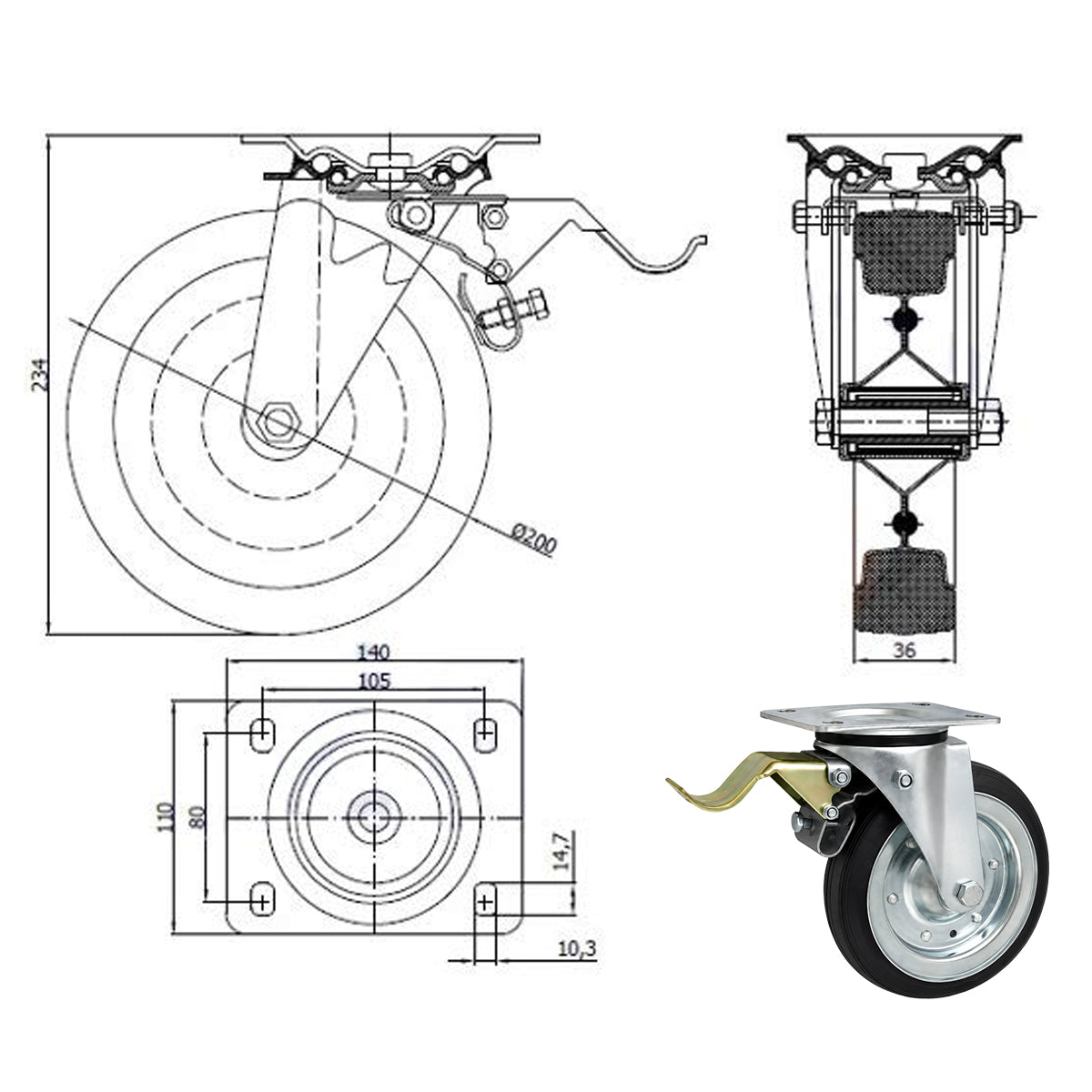 Metall-Gummiräder mit Befestigungsplatte und Bremse Lenkrolle Ø200 mm Code: 65RH