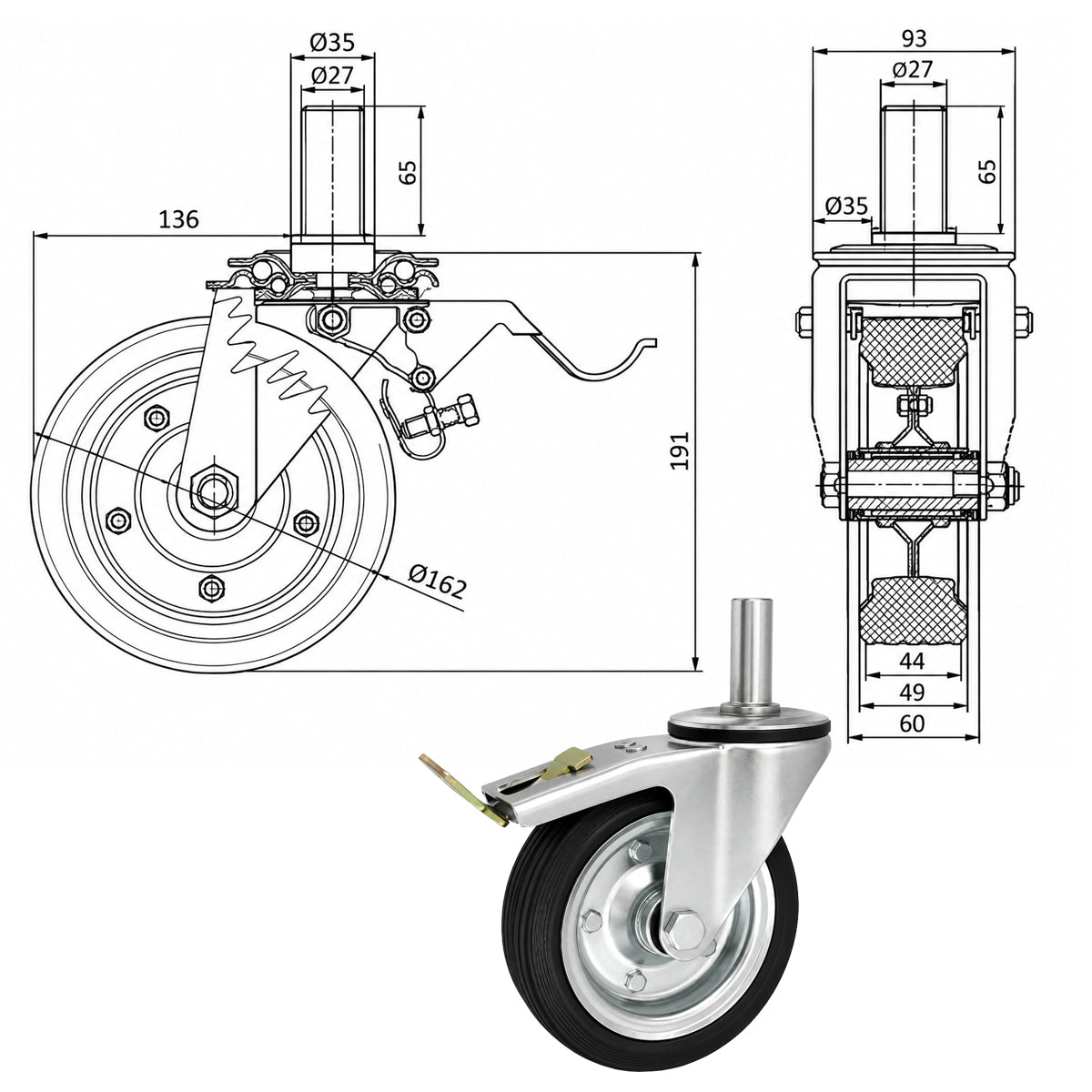 Metall-Gummiräder mit Befestigungsstift und Bremse Lenkrollen  Ø160 mm Code: 46NH*27