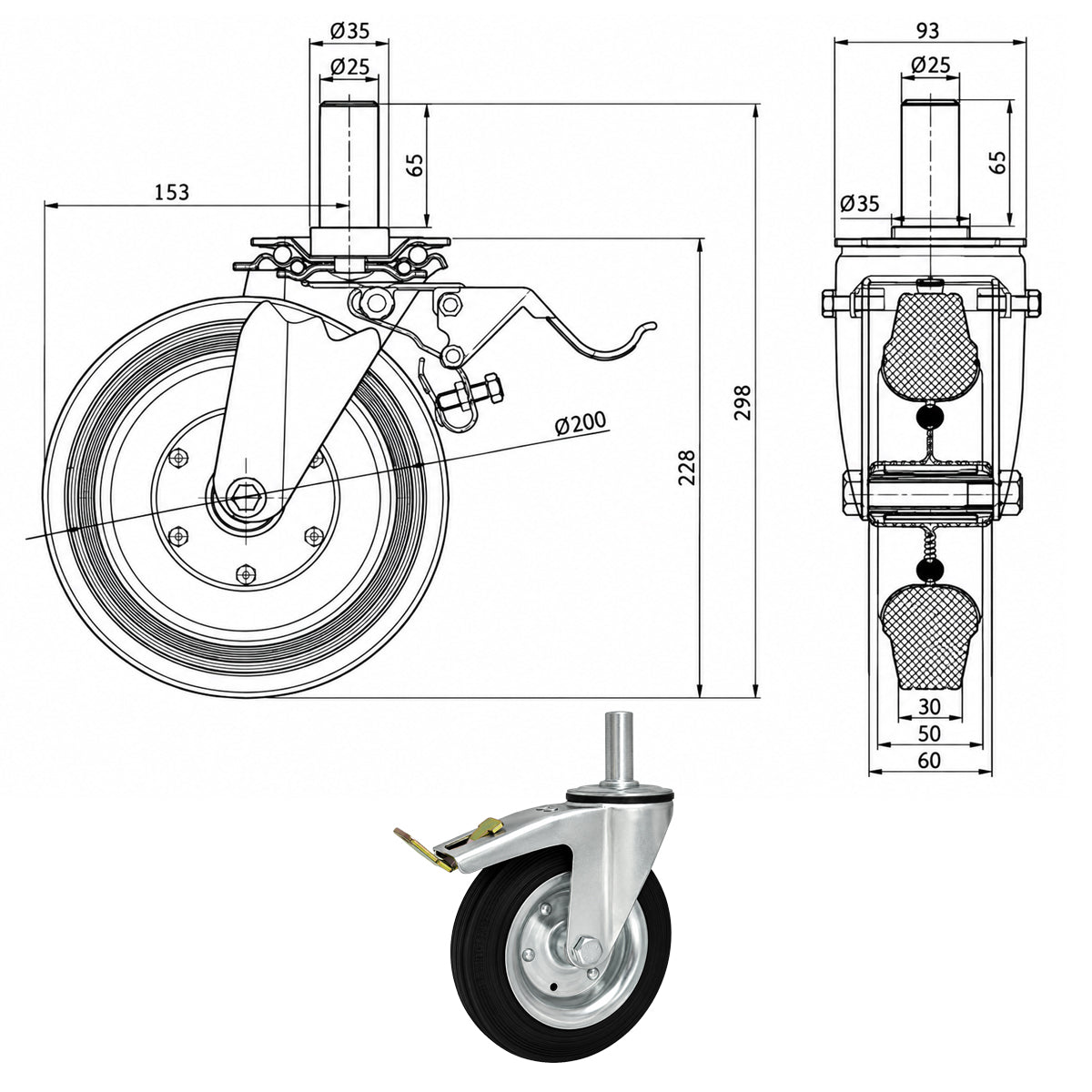 Metall-Gummiräder mit Befestigungsstift und Bremse Lenkrollen  Ø200 mm Code: 66H*25