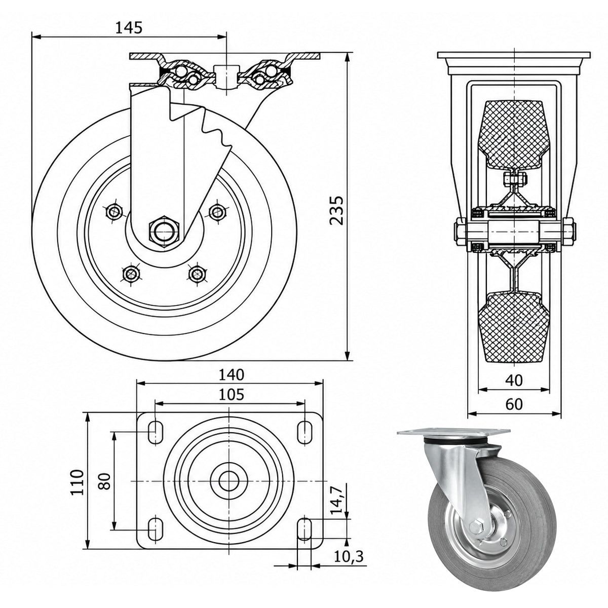 Metall-Gummiräder mit Befestigungsplatte Lenkrolle Ø200 mm mit Platte Code: 62NSW