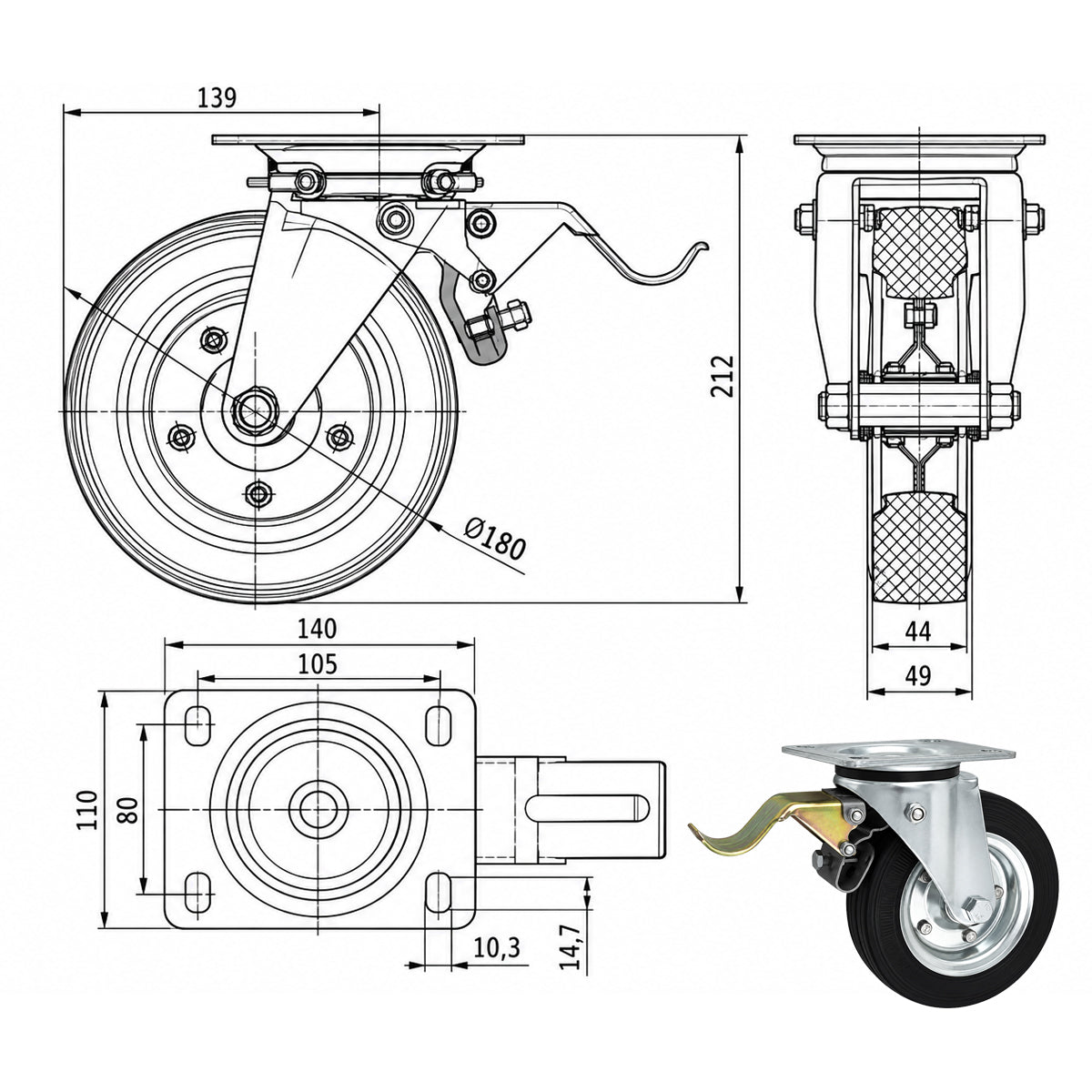 Metall-Gummiräder mit Befestigungsplatte und Bremse Lenkrolle Ø180 mm Code: 55NH
