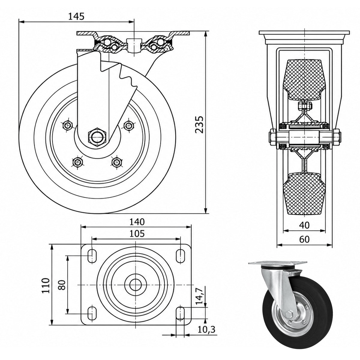 Metall-Gummiräder mit Befestigungsplatte Lenkrolle Ø200 mm mit Platte Code: 62NW
