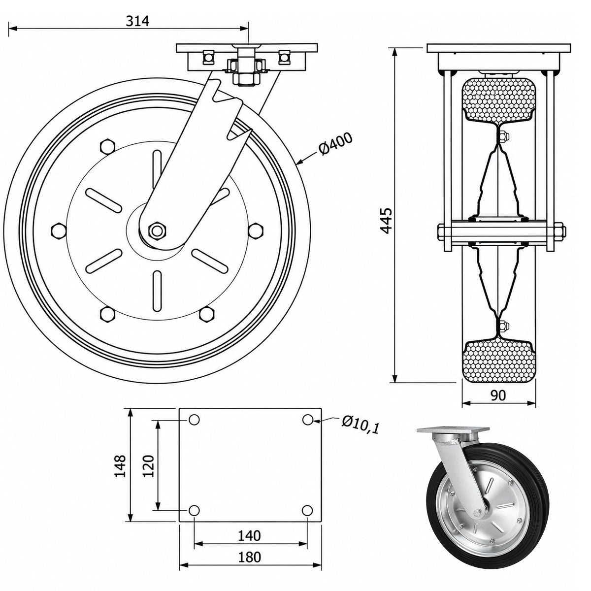 Metall-Gummiräder mit Befestigungsplatte Lenkrolle Ø400 mm mit Platte Code: 4002D