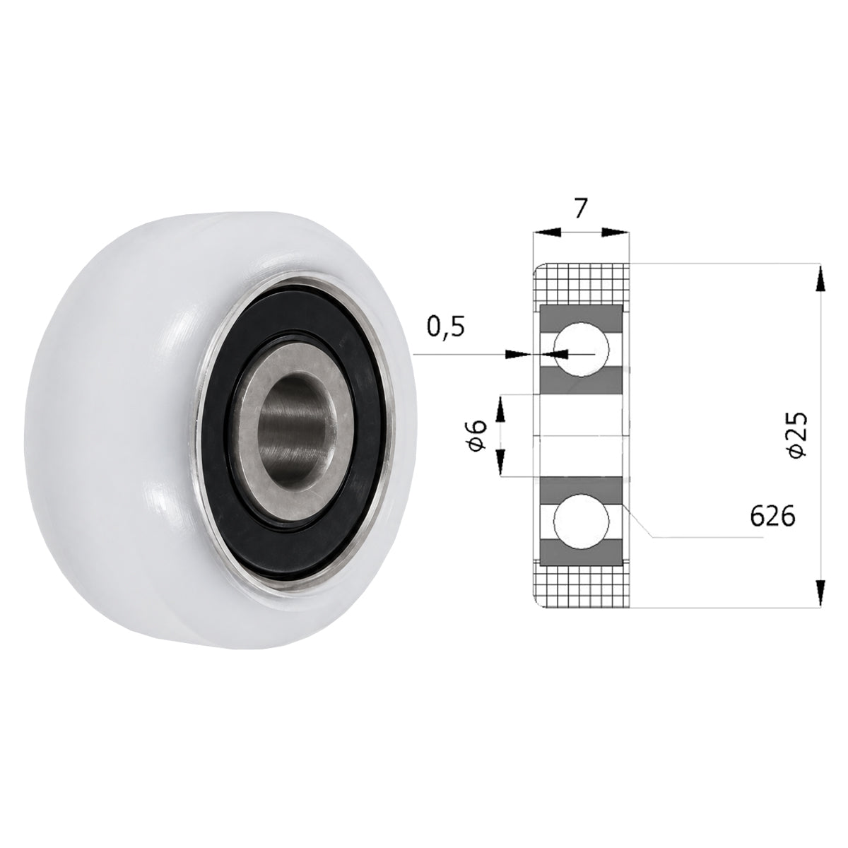 Polyamid Rolle Ø 25 mm mit Kugellager Kunststoffrolle Industrierollen R-25
