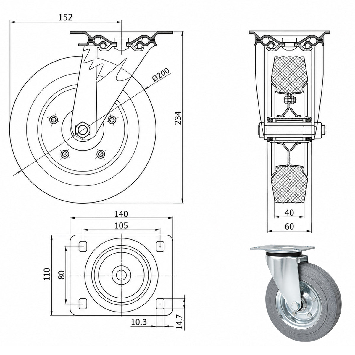 Metall-Gummiräder mit Befestigungsplatte Lenkrolle Ø200 mm mit Platte Code: 62NS