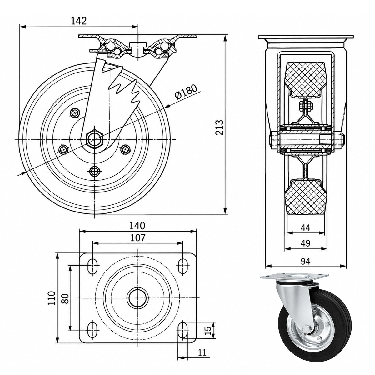 Metall-Gummiräder mit Befestigungsplatte Lenkrolle Ø180 mm mit Platte Code: 52N