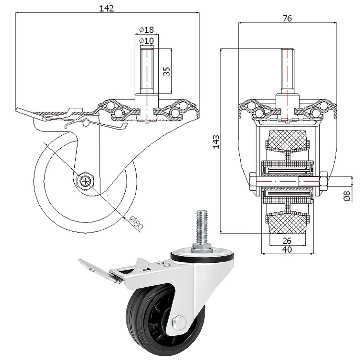 Kunststoff-Gummiräder mit Befestigungsstift und Bremse Lenkrollen  Ø80 mm Code: 7TH*M10