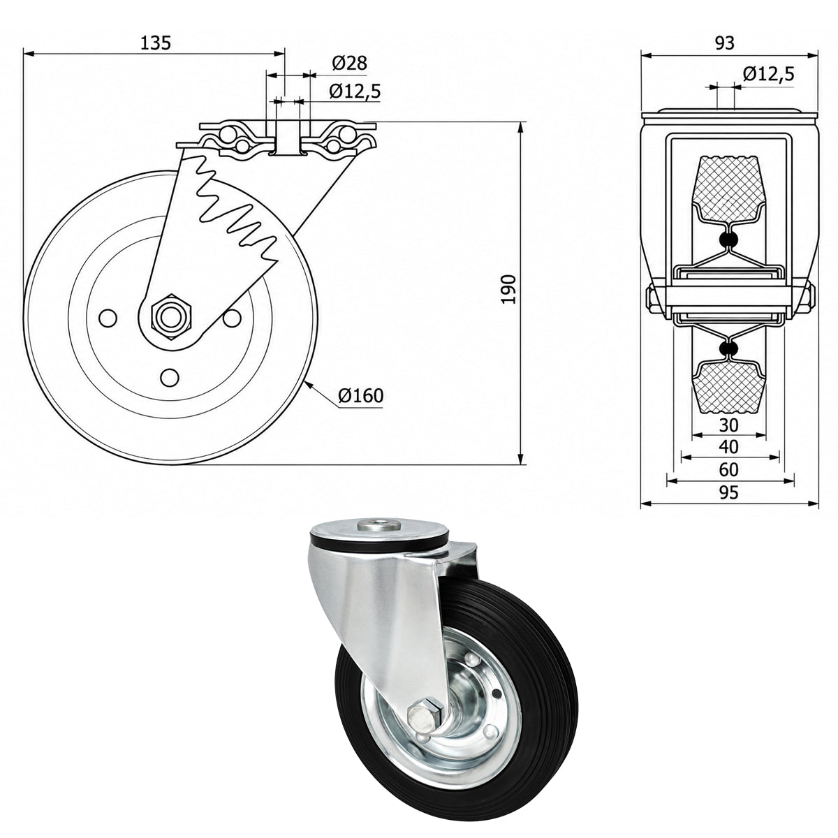 Metall-Gummiräder mit Befestigungsstift mit Zentralbohrung  Ø160 mm Code: 47