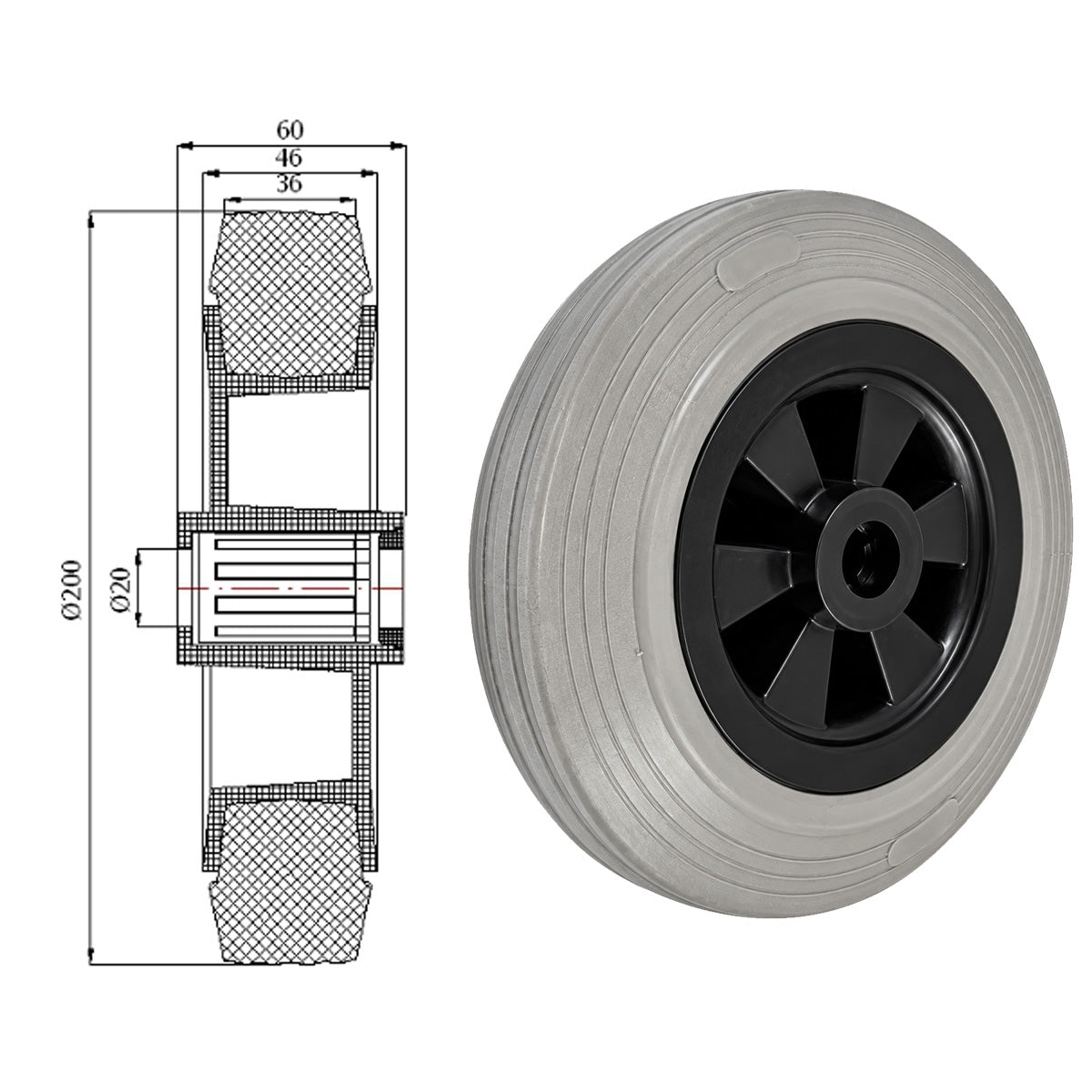 Vollgummi Rad Ø 200 mm mit Polypropylen-Felge Industrie Gummirad Code: 60TS