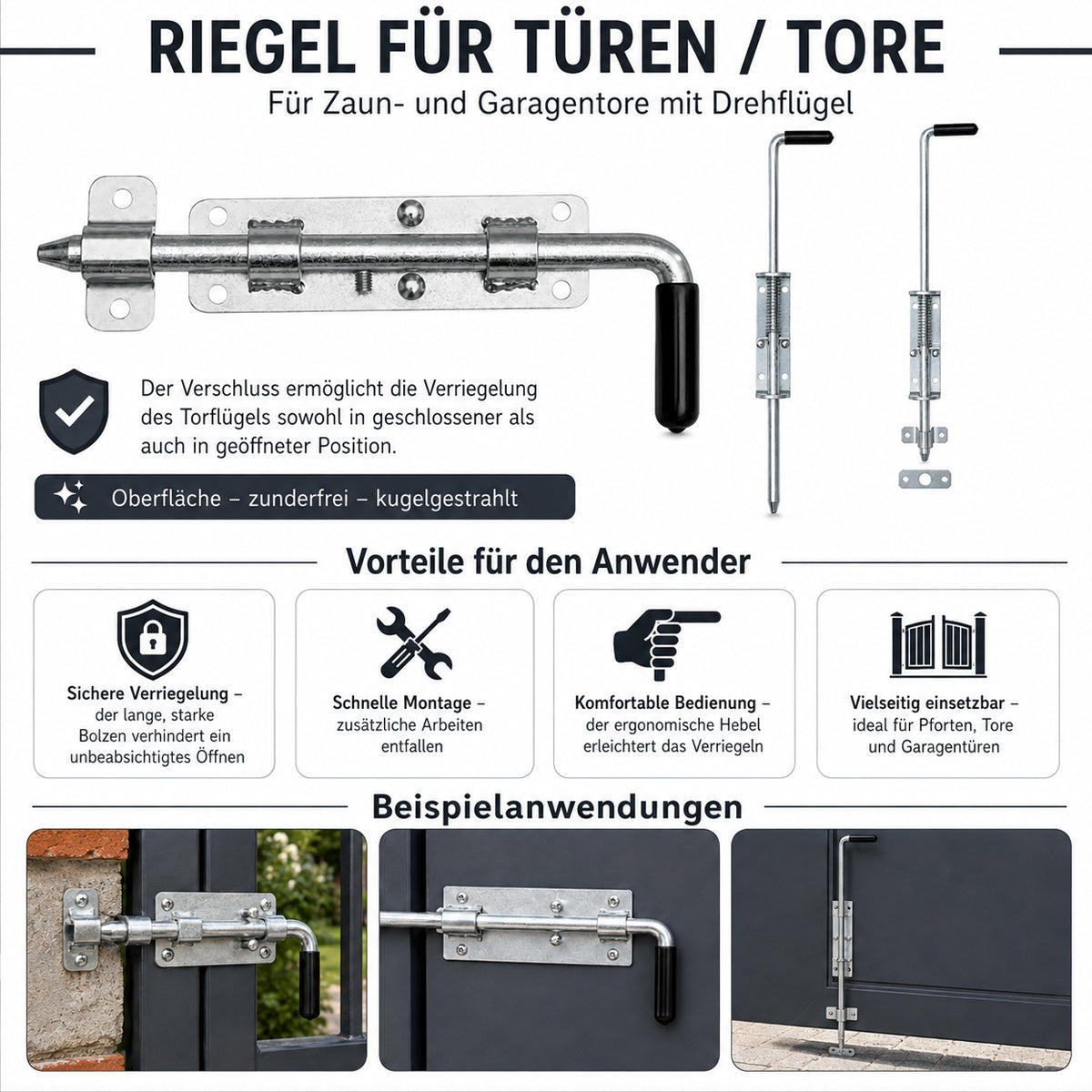 Torriegel 15.462.04 Bolzenriegel schmal - verzinkter Stahl, Silber, Feder: L220 x Ø12 mm