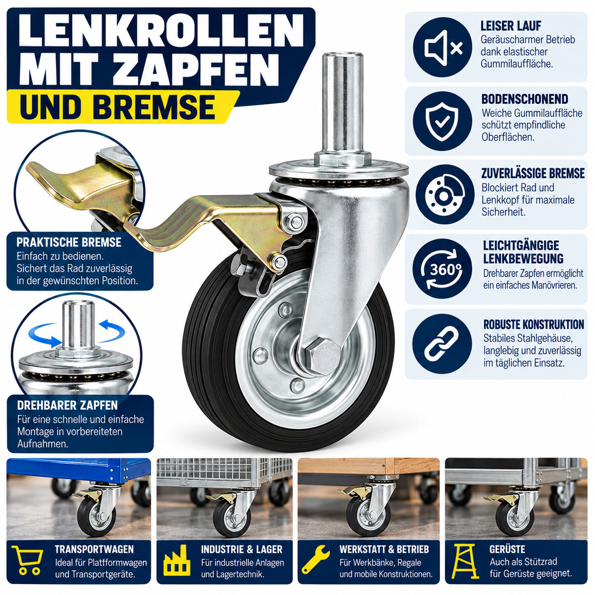 Metall-Gummiräder mit Befestigungsstift und Bremse Lenkrollen  Ø80 mm Code: 7SH*24