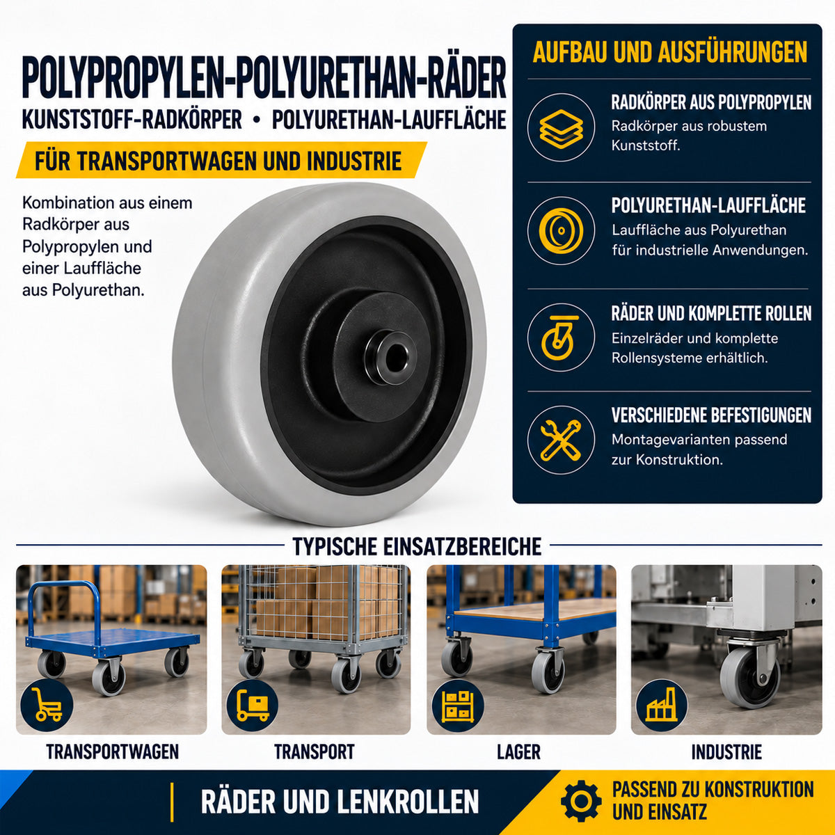 Polypropylen-Polyurethan-Rad für Transportwagen und Industrieanwendungen Ø125 mm Code: 20PPUŁ