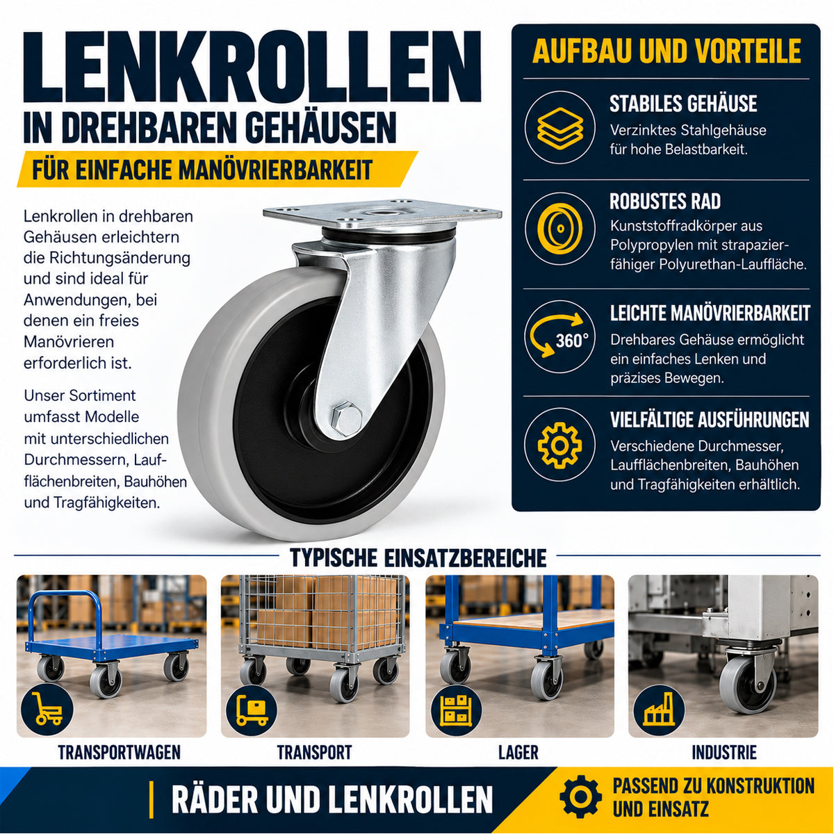 Polypropylen-Polyurethan-Rad  mit schwenkbarem Gehäuse für Transportwagen und Industrieanwendungen Ø100 mm Code: 12PPU