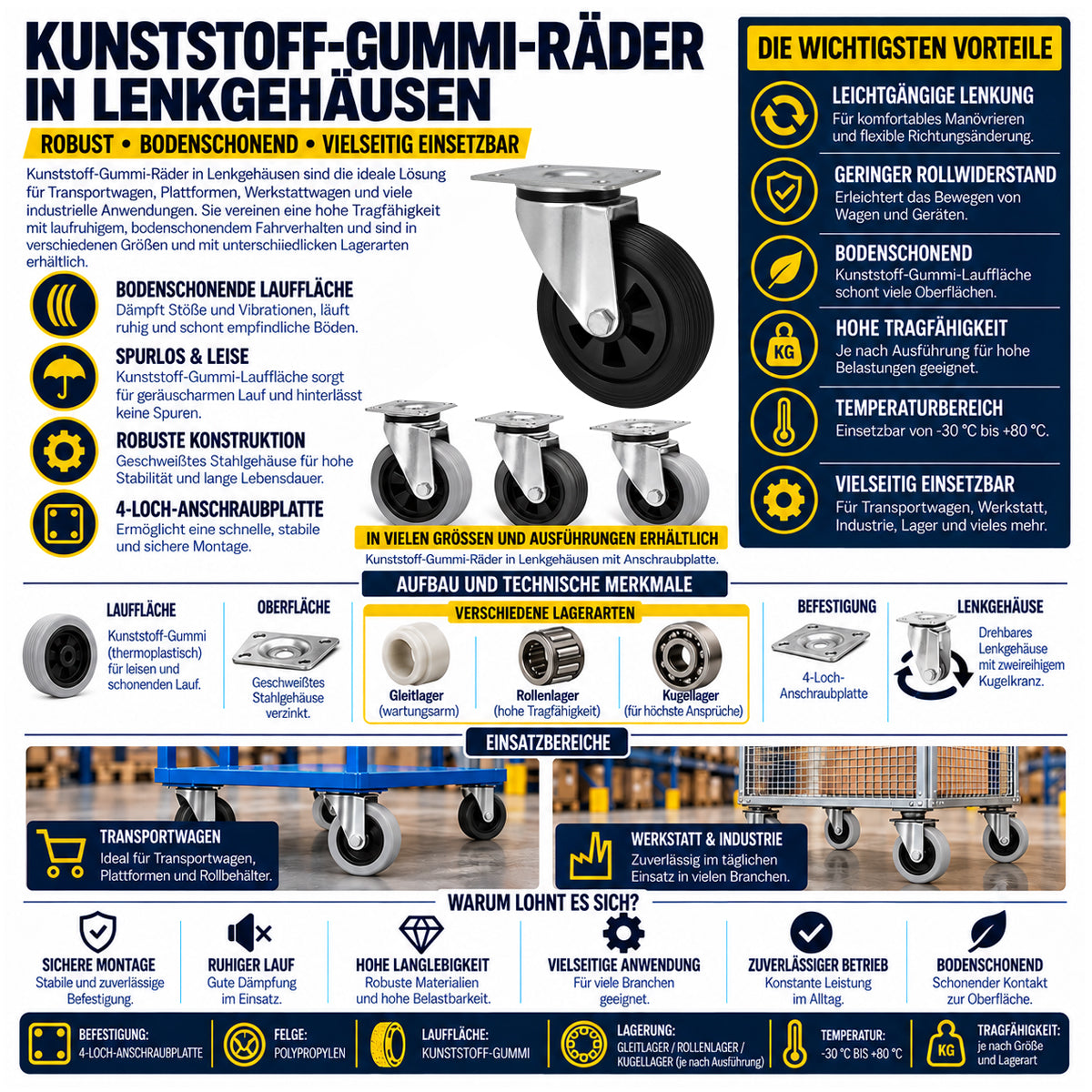 Kunststoff-Gummirrad mit Anschraubplatte Lenkrolle Ø125 mm mit Platte Code: 22MT
