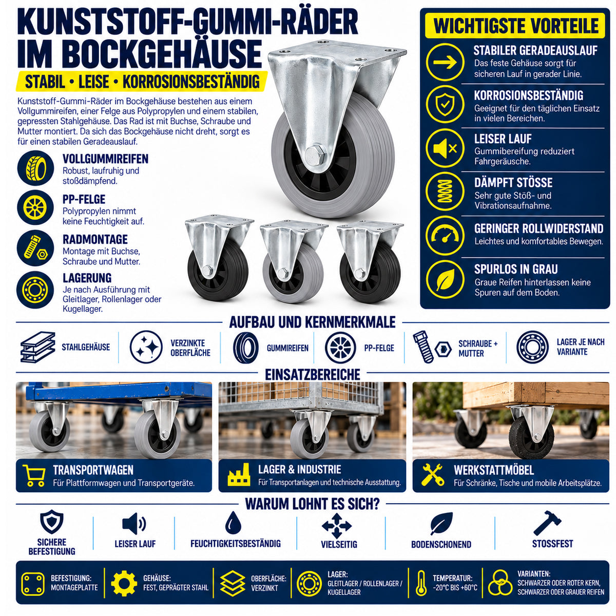 Kunststoff-Gummiräder in Bockrollengehäusen Lenkrolle Ø100 mm mit Platte Code: 13TS9