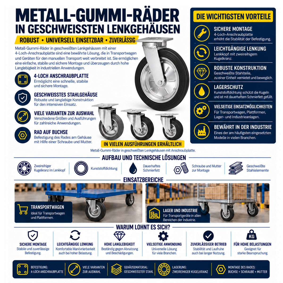 Metall-Gummiräder mit Befestigungsplatte Lenkrolle mit Platte 80 mm Code: 3L