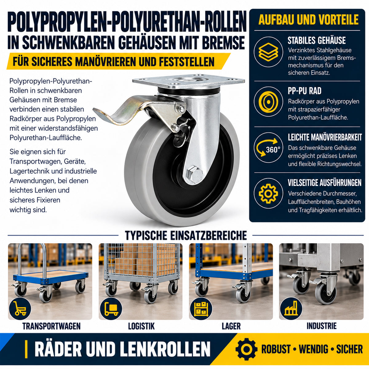 Polypropylen-Polyurethan-Rad mit schwenkbarem Gehäuse und Bremse für Transportwagen und Industrieanwendungen Ø100 mm Code: 15PPUH