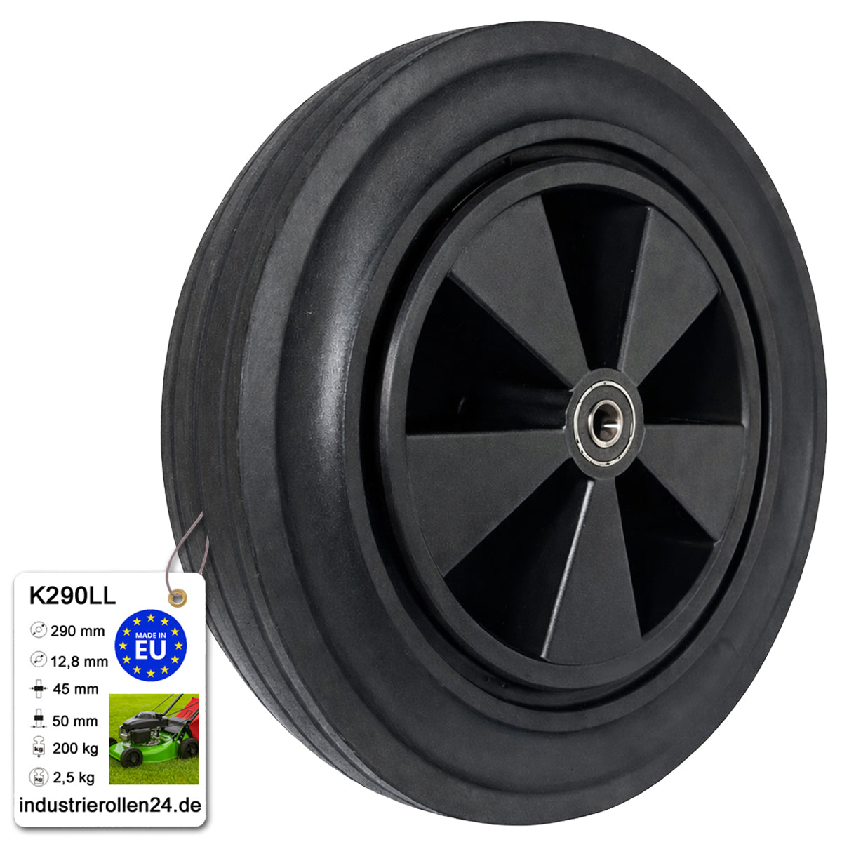 Rasenmäherrad 290 mm – Universal Ersatzrad aus Vollgummi mit Kugellager, Code: K290LL