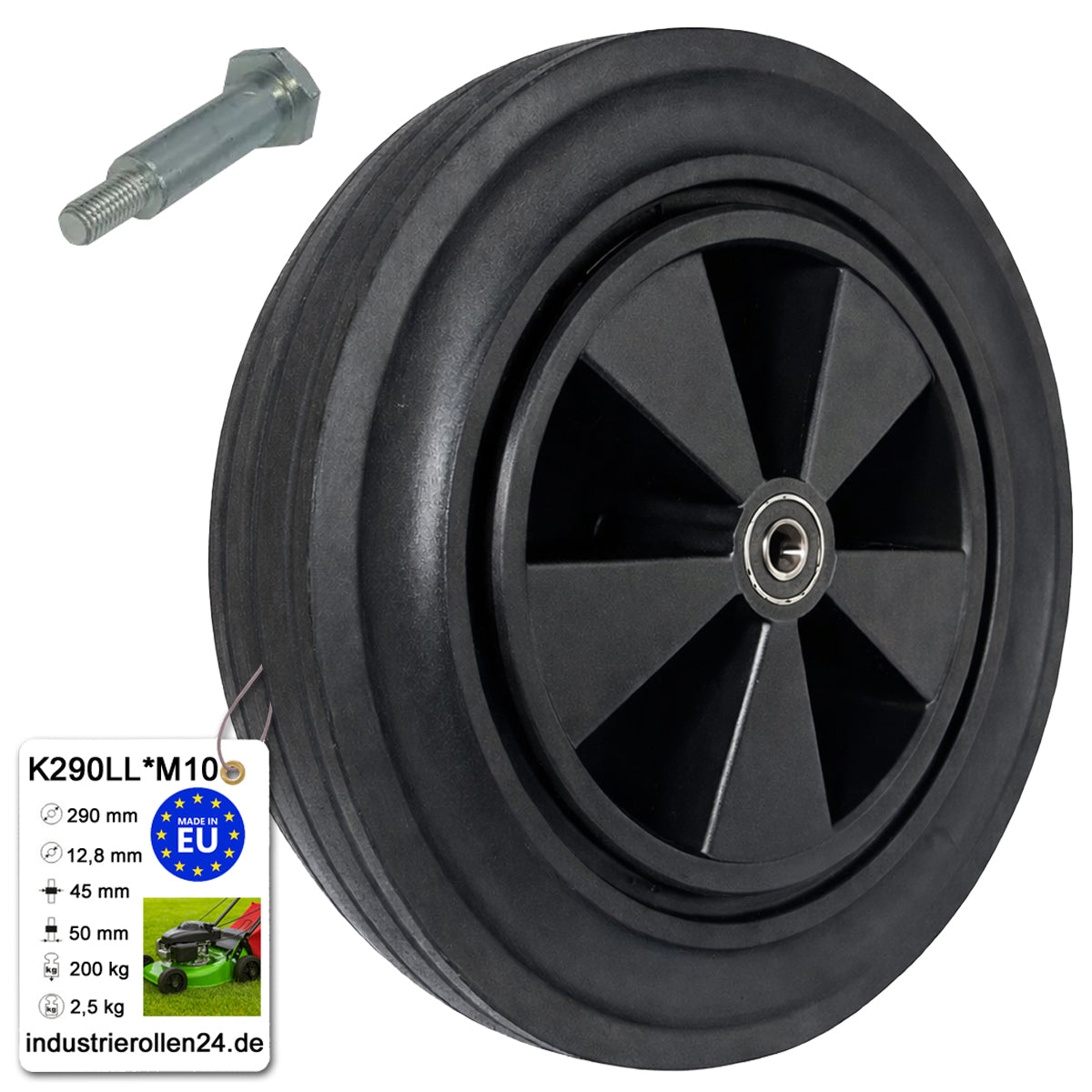 Rasenmäherrad 290 mm – Universal Ersatzrad aus Vollgummi mit Kugellager + Montage-Set, Code: K290LL*M10