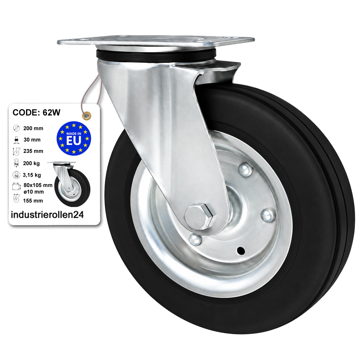 Metall-Gummiräder mit Befestigungsplatte Lenkrolle Ø200 mm mit Platte Code: 62W