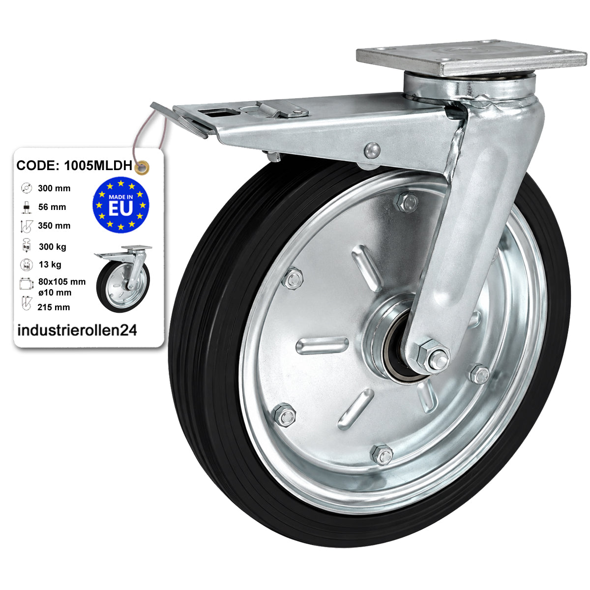Metall-Gummiräder mit Befestigungsplatte und Bremse Lenkrolle Ø300 mm Code: 1005MLDH