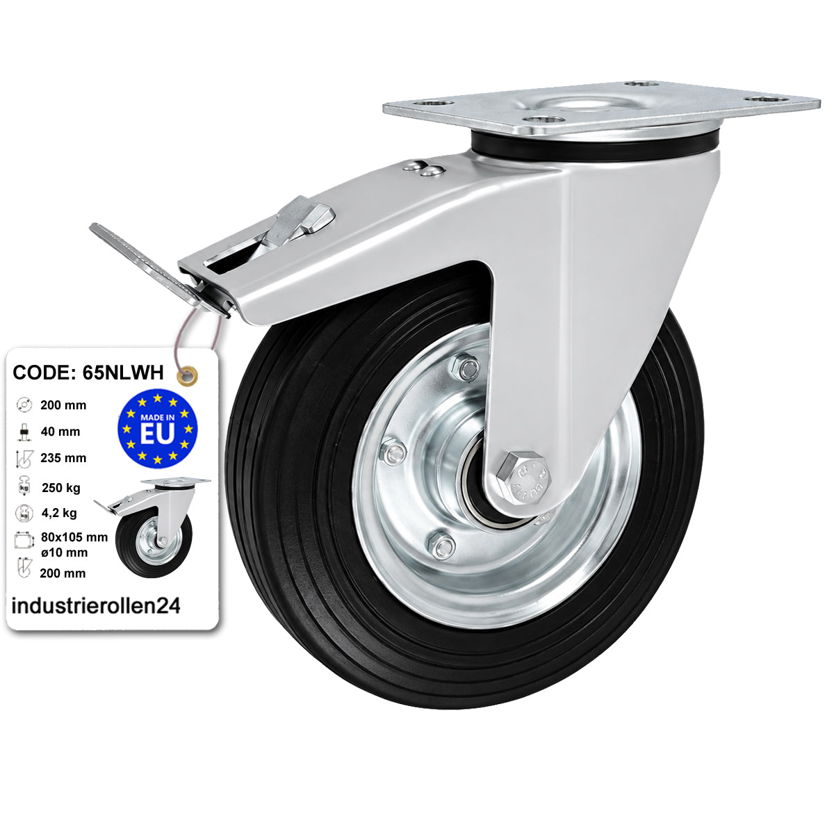 Metall-Gummiräder mit Befestigungsplatte und Bremse Lenkrolle Ø200 mm Code: 65NLWH