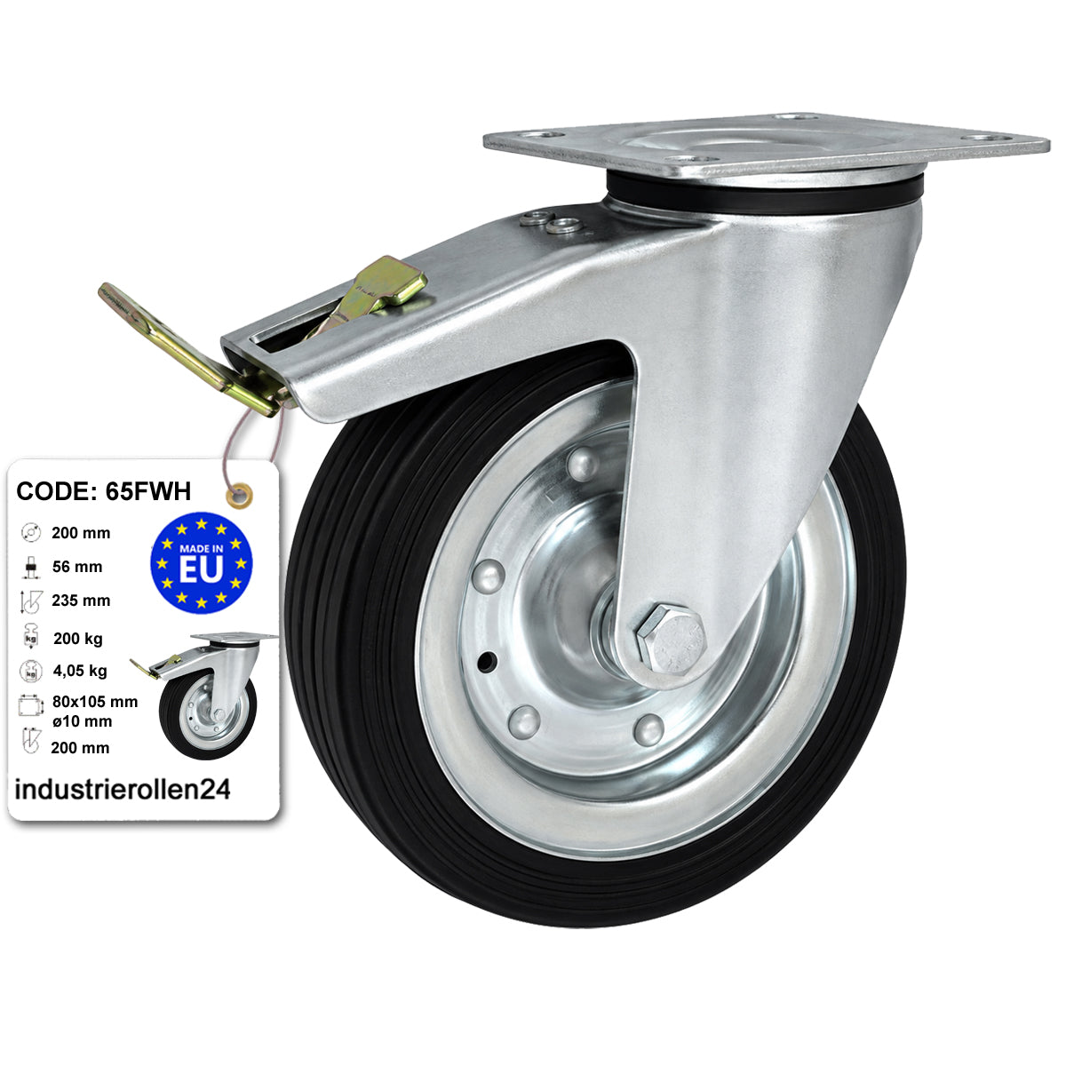 Metall-Gummiräder mit Befestigungsplatte und Bremse Lenkrolle Ø200 mm Code: 65FWH