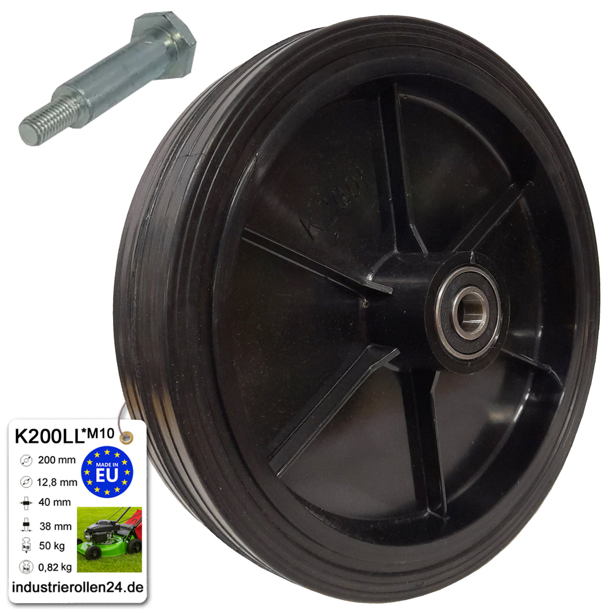 Rasenmäherrad 200 mm – Universal Ersatzrad aus Vollgummi mit Kugellager + Montage-Set, Code: K200LL*M10