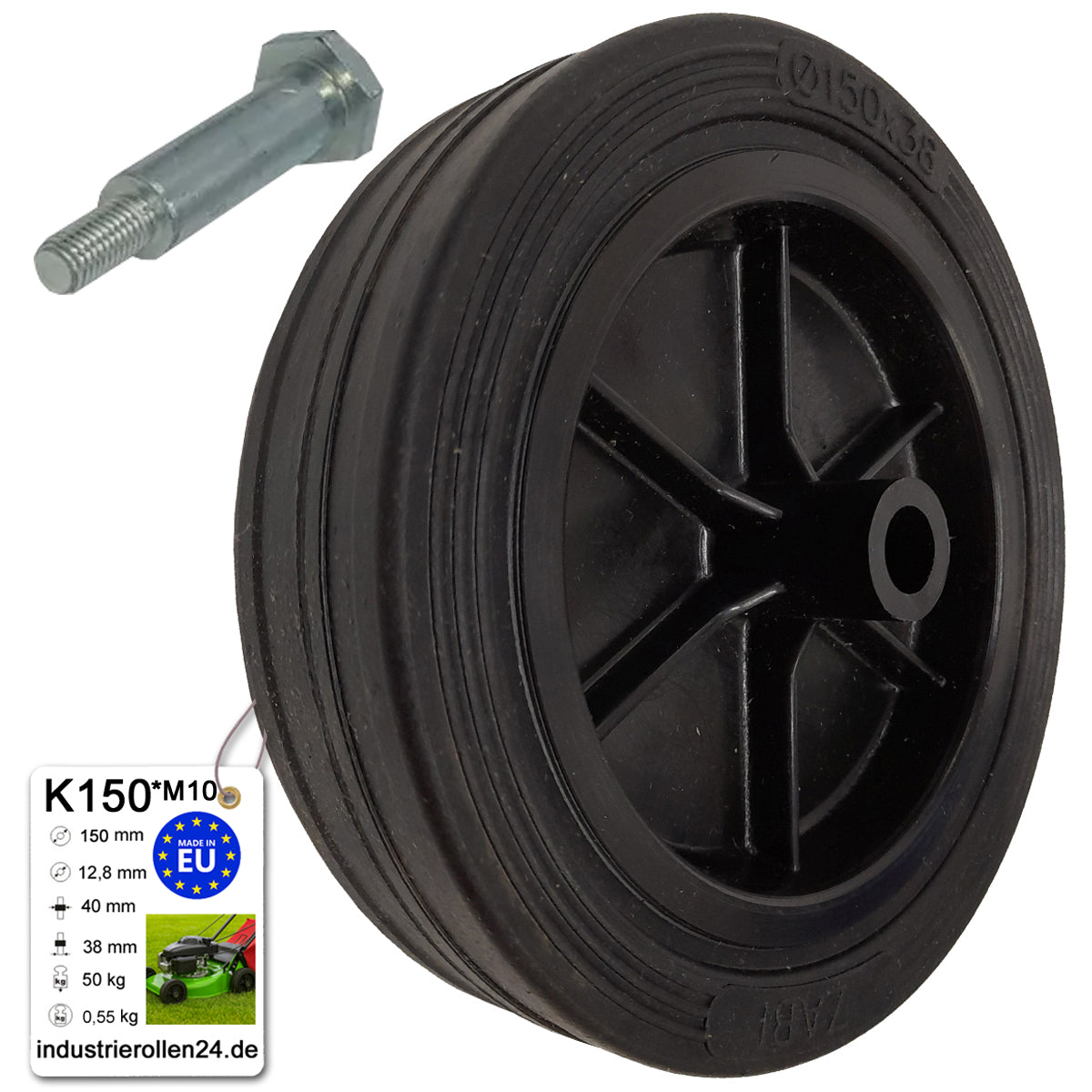 Rasenmäherrad 150 mm – Universal Ersatzrad aus Vollgummi + Montage-Set, Code: K150*M10