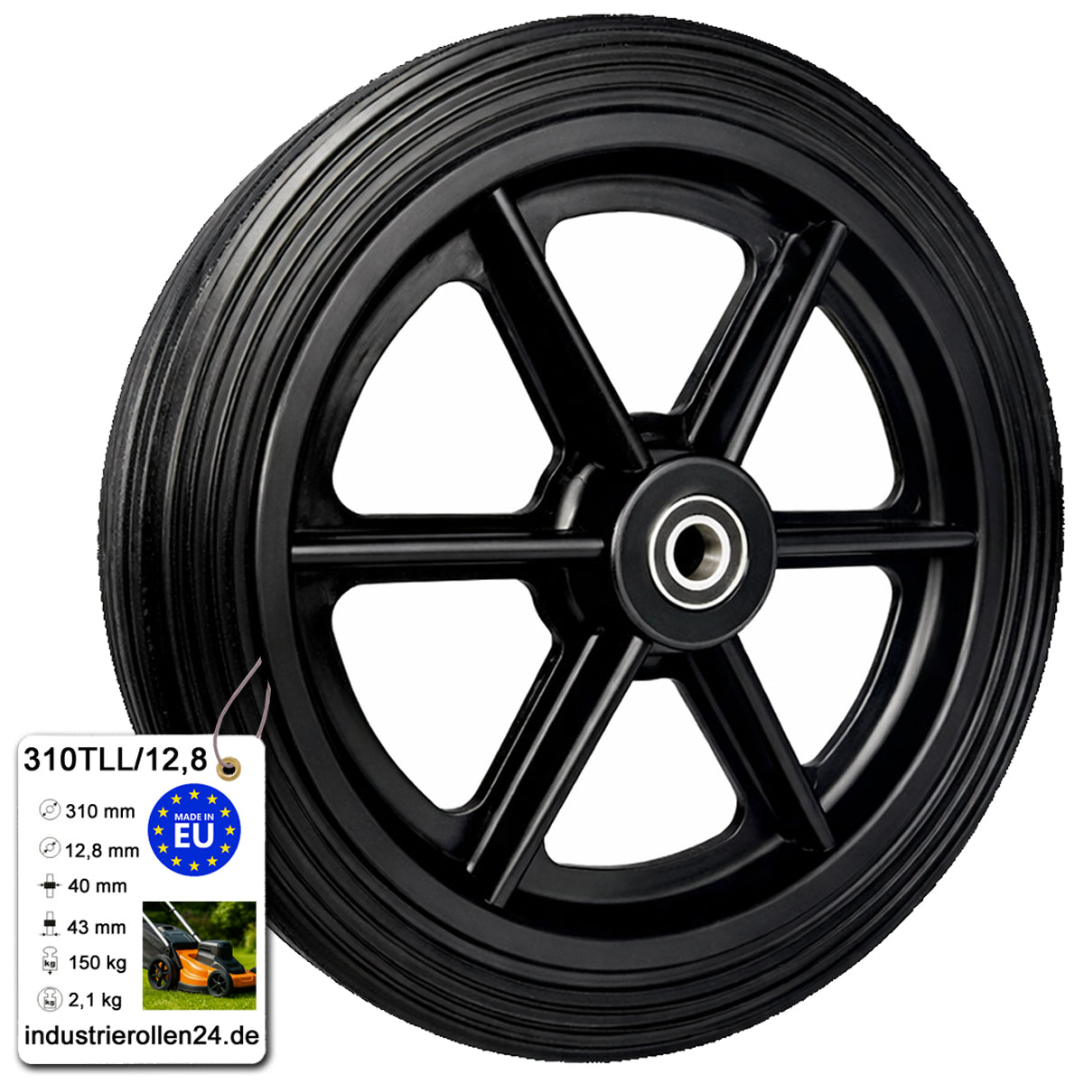 Rasenmäherrad 310 mm – Universal Ersatzrad aus Kunststoff mit Gummilauffläche & Kugellager, Code: 310TLL/12,8