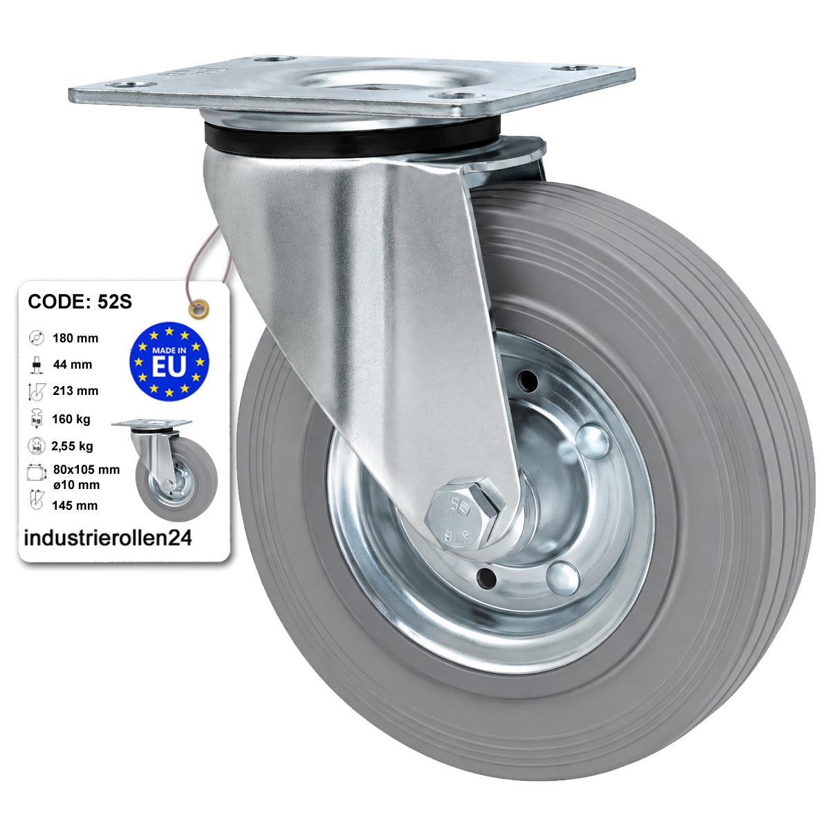 Metall-Gummiräder mit Befestigungsplatte Lenkrolle Ø180 mm mit Platte Code: 52S