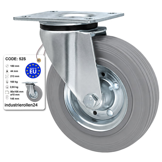 Metall-Gummiräder mit Befestigungsplatte Lenkrolle Ø180 mm mit Platte Code: 52S