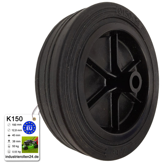 Rasenmäherrad 150 mm – Universal Ersatzrad aus Vollgummi für Rasenmäher, Code: K150