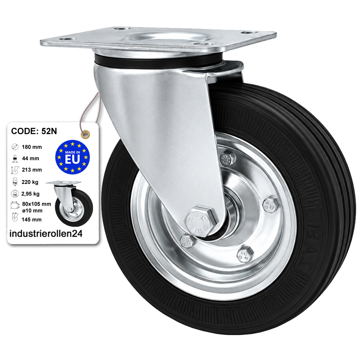 Metall-Gummiräder mit Befestigungsplatte Lenkrolle Ø180 mm mit Platte Code: 52N