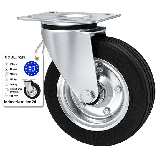 Metall-Gummiräder mit Befestigungsplatte Lenkrolle Ø180 mm mit Platte Code: 52N