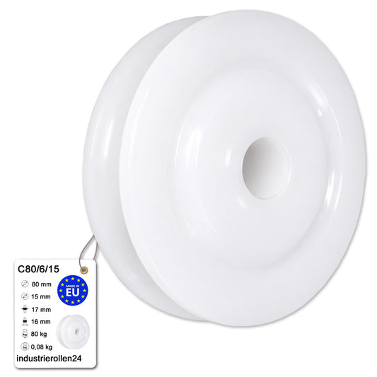 Seilrolle mit Gleitlager Ø80mm Polyamid Kunststoffrolle für Seil Ø6 mm C80/6/15