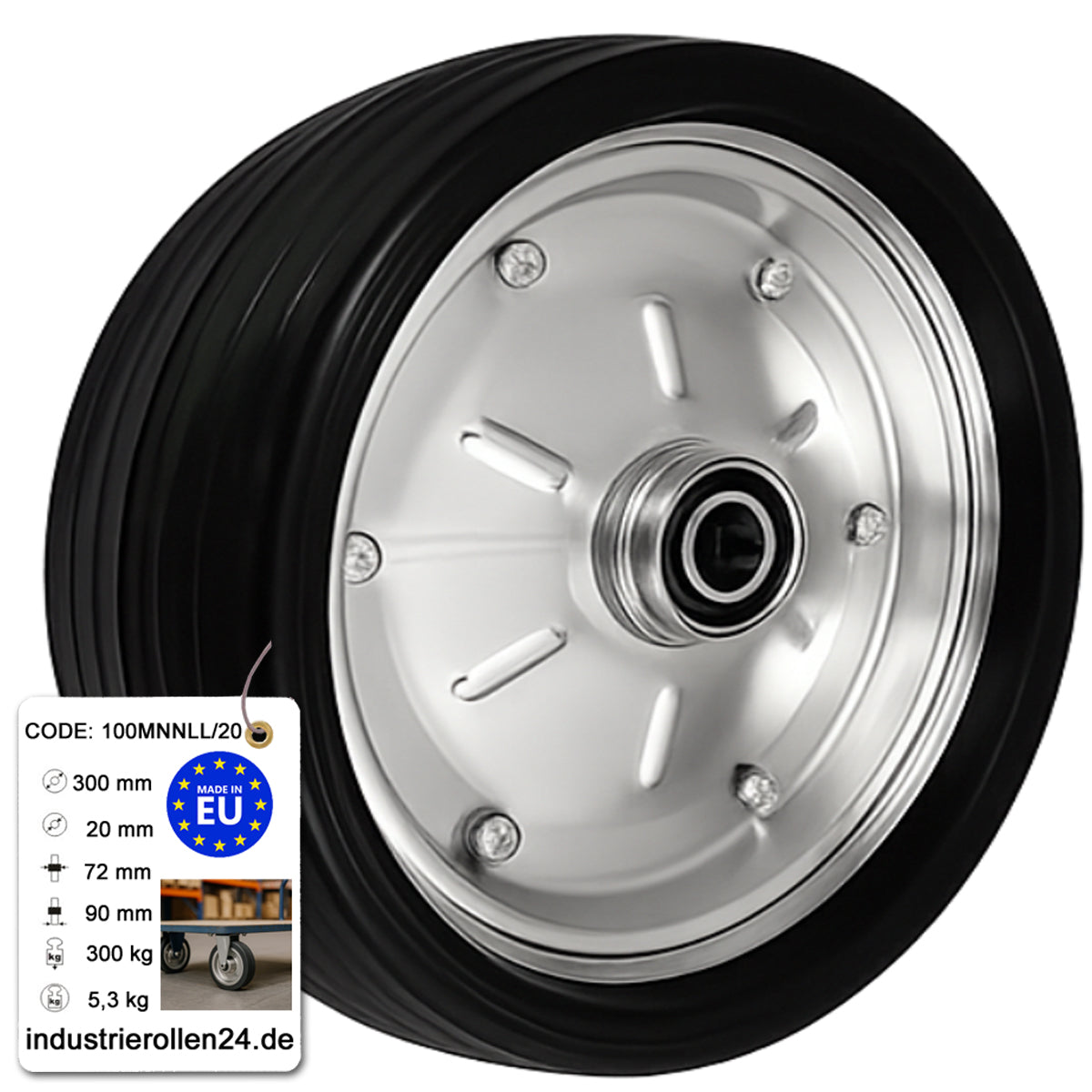 Ersatzrad Ø300 mm – Vollgummi Industrierad mit Kugellager für Transportwagen, Code: 100MNNLL/20