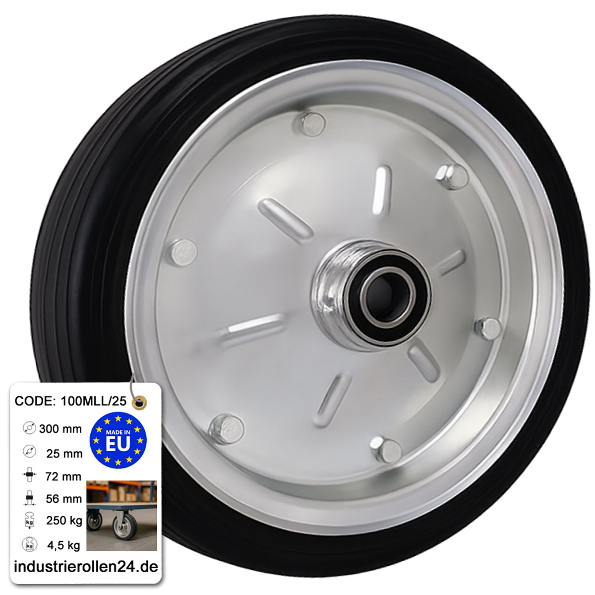 Ersatzrad Ø300 mm – Vollgummi Industrierad mit Kugellager für Transportwagen, Code: 100MLL/25