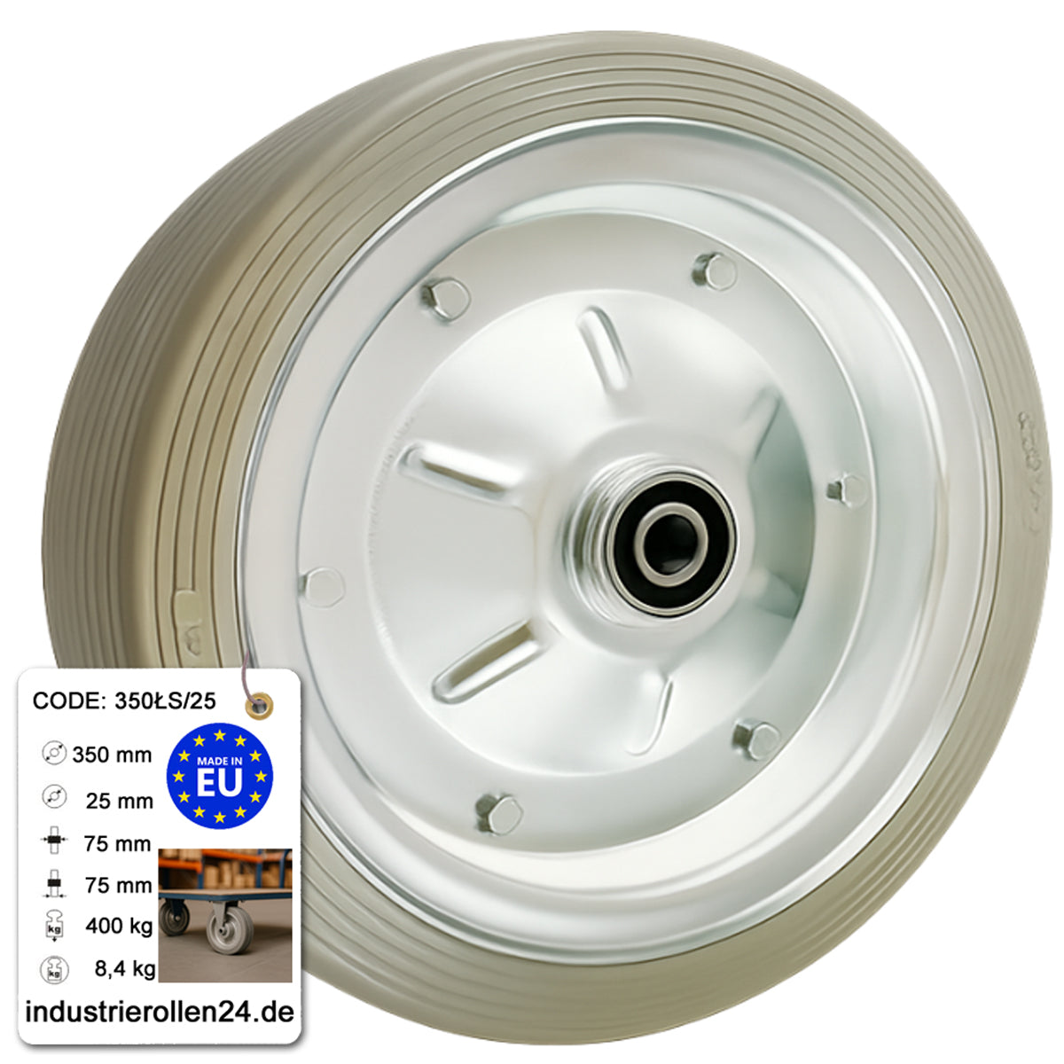 Ersatzrad Ø350 mm – Graues, nicht abfärbendes Vollgummi Industrierad mit Kugellager für Transportwagen, Code: 350LLS/25